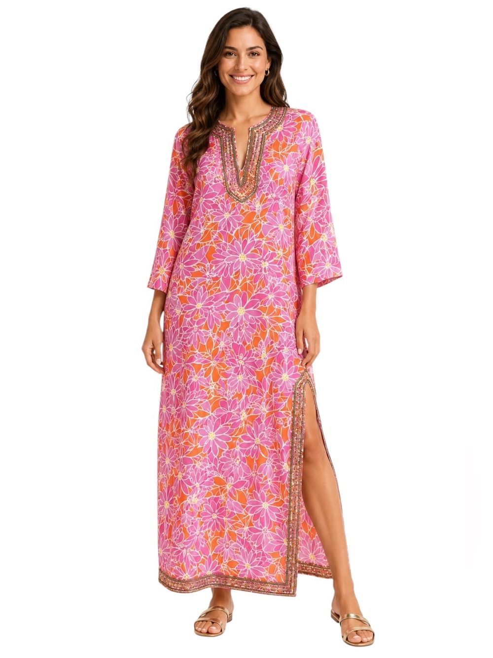Lilly Pulitzer - NWT Kate Silk Caftan Maxi Dress Slit Mango Floral Sz XS